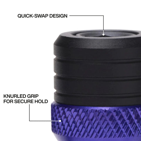 Close-up of a knurled grip on the 5 Piece Bit Holder Keychain Set For Quarter Inch Hex Bits With Carabiner Clip And Color Coded Bands.