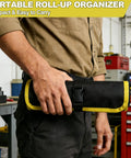 Man holding Drill Bit Organizer Roll Up Case With Zipper Heavy Duty Bit Holder Pouch in workshop