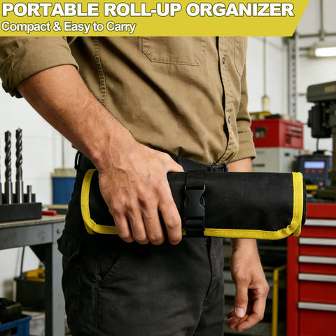 Man holding Drill Bit Organizer Roll Up Case With Zipper Heavy Duty Bit Holder Pouch in workshop