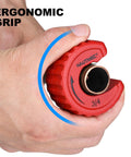 Close-up of HAUTMEC red copper pipe cutter held in hand, showing 3/4 in wheel.