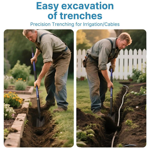 Man using Heavy Duty 4 Inch Trench Shovel With Blue Fiberglass Handle For Narrow Trenching And Digging In Rocky Soil