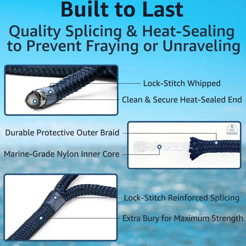 Two Pack Double Braided Three Eighth Inch Dock Lines Nylon Boat Ropes For Docking With Twenty Foot Length And Twelve Inch Spliced Eye