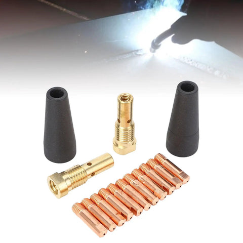 Gasless Flux Core Nozzle Tips Kit For Mig Welders, 15 Piece Set With 0.039 Inch Electrodes, visible components include black nozzles and copper tips