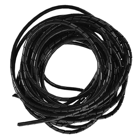 Slick Black Spiral Cable Wrap Tube Ten Meter Cord Manager for PCs and Home Office setup, coiled black tubing for wire management.
