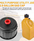 Two Pack 3042 Racing Fuel Jug Cap Replacement For 5 Gallon Gas Cans And Fuel Tanks, shown with yellow jug and black cap.