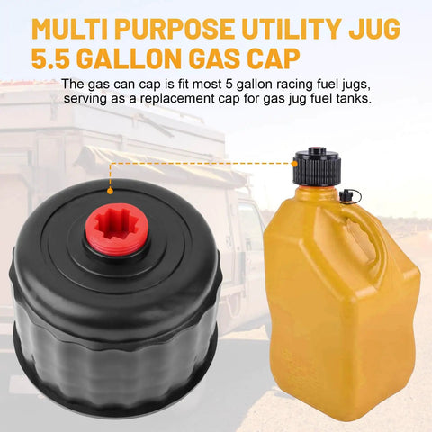 Two Pack 3042 Racing Fuel Jug Cap Replacement For 5 Gallon Gas Cans And Fuel Tanks, shown with yellow jug and black cap.