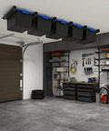 Overhead Garage Storage Rack With 17 Inch Black Rails Heavy Duty Ceiling Mount Bin Holder For 7 To 27 Gallon Tote Bins Up To 350 Lbs Per Set 4 Pack Easy Garage Organization And Shelving System installed in garage.
