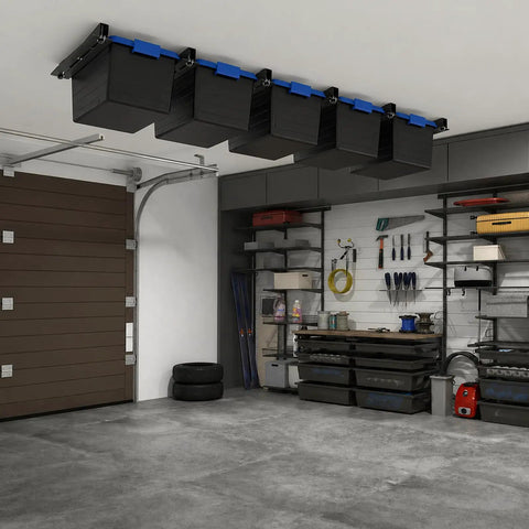 Overhead Garage Storage Rack With 17 Inch Black Rails Heavy Duty Ceiling Mount Bin Holder For 7 To 27 Gallon Tote Bins Up To 350 Lbs Per Set 4 Pack Easy Garage Organization And Shelving System installed in garage.