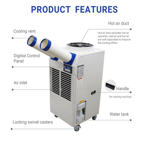 Heavy Duty Portable Air Conditioner With 18,700 Btu Output And Smart Dual Hose Rig, Commercial Spot Cooler features and design.