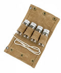 Seasoning Bottle Storage Bag Portable Spice Organizer Pouch with four glass jars secured in tan fabric pockets for camping