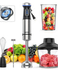 Powerful 1000W 5 In 1 Immersion Blender With 16 Speed Settings Stainless Steel Blades Includes 800ml Beaker 600ml Chopper Whisk And Milk Frother Heavy Duty Handheld Mixer For Smooth Purees Sauces And More, displaying full set with fruits and vegetables.
