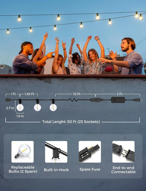Smart Outdoor Patio Lights 50 Foot String Lights With 25 Dimmable G40 Globe Bulbs No Fuss App Control Alexa and Google Assistant Ready Waterproof LED Backyard Lighting For Patios Decks And More hanging above a group of people enjoying an evening outdoors.