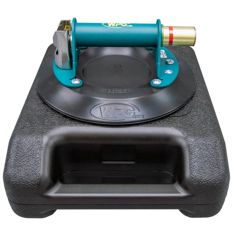 9-Inch Metal Handle Suction Cup Lifter For Flat Surfaces on carrying case, heavy duty 150 lb load capacity, green handle, red-line indicator visible