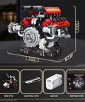 V8 Engine Model Kit With 8 Cylinder Visible Engine, LED Lights, Motor, And App Control displayed with dimensions and parts