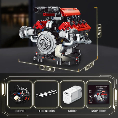 V8 Engine Model Kit With 8 Cylinder Visible Engine, LED Lights, Motor, And App Control displayed with dimensions and parts