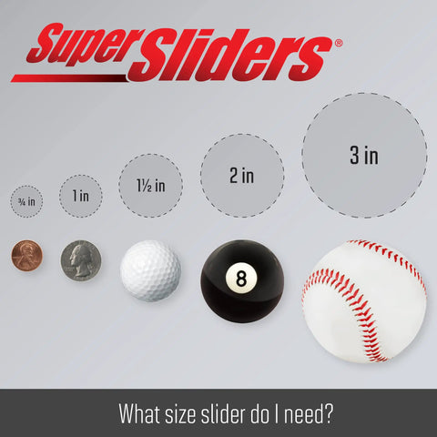 Super Sliders size comparison chart with 1-Inch Square Self-Stick Furniture Sliders For Carpet Protect Your Furniture shown as coin-sized.