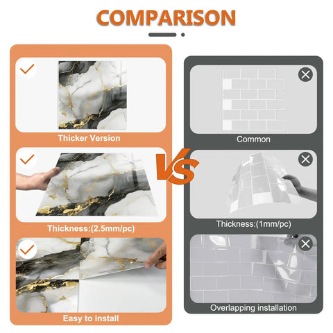 Comparison of thicker Marble Peel And Stick Backsplash Tiles 12x12 Inches Waterproof PVC vs common tiles
