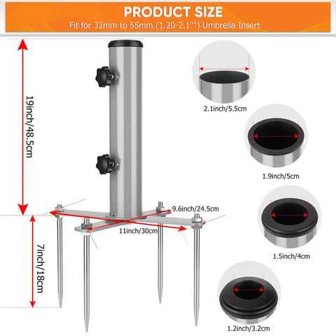 Removable Inground Umbrella Stand Anchor With Four Spikes Metal Ground Stake, dimensions and features shown.