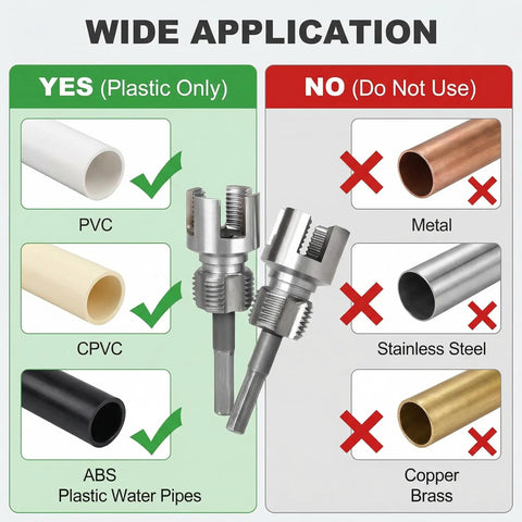 4 In 1 PVC Pipe Threader Kit For One Half And Three Quarter Inch Pipes Internal And External Threading Drill Compatible Easy No Fuss DIY Plumbing Tool For Plastic Pipes, showing plastic pipe compatibility guide.