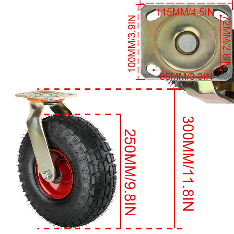 Set Of Four 10 Inch Heavy Duty Rubber Casters Smooth Rolling Tubeless Swivel Wheels With Double Ball Bearings Knockout Steel Plates Built Different For Tool Carts 660 Lb Capacity close-up of caster wheel with measurements.