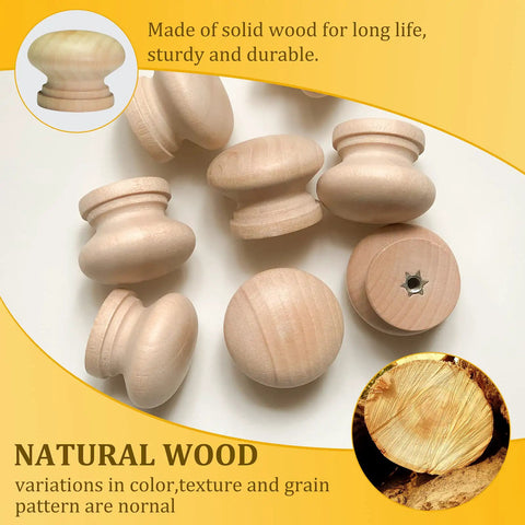 Image of 15 Pack Unfinished Wood Drawer Knobs Mushroom Style Cabinet Dresser Pull Handles For DIY Home Reno Makeover 1.34 Inch Diameter 1 Inch High Ready To Stain Paint Or Color showcasing natural wood texture.