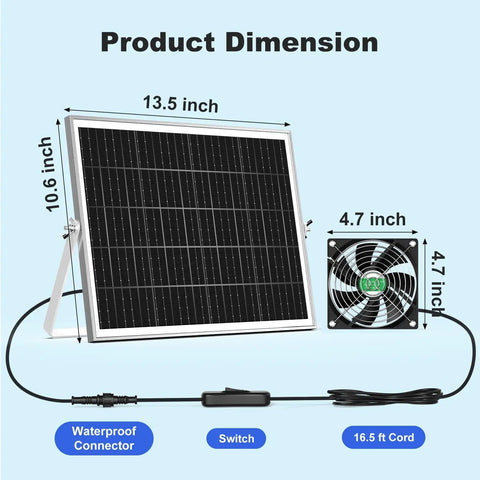 Solar Chicken Coop Fan Kit 2 Pack 20W Solar Powered Ventilation For Greenhouses, Sheds, Dog Houses, Outdoor Enclosures dimensions