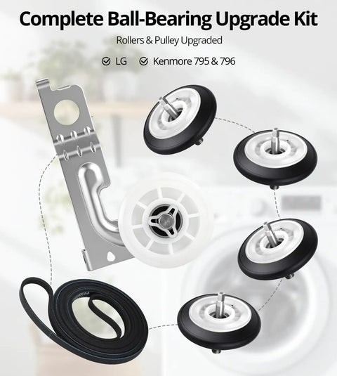 Fix Dryer Rumble With Premium Kit For LG Kenmore Ball Bearing Rollers Idler Pulley To Stop Noise Friction Using Solid Construction DIY Fix Home Save Money Restoring Smooth Operation Like New Never Breaking Again For Happy Homeowners. LG Kenmore 795 & 796 dryer repair kit with 4 rollers, idler pulley, belt and metal bracket