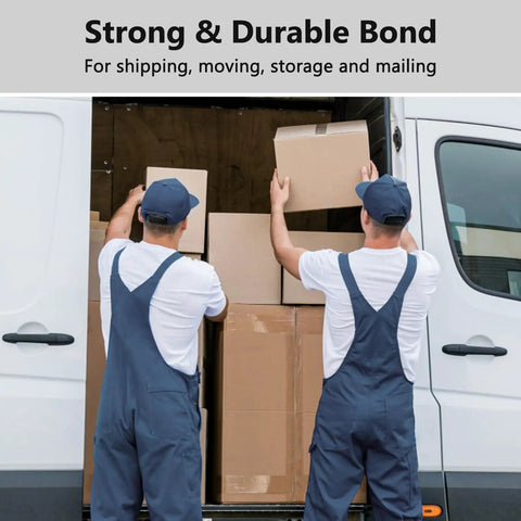 Two movers loading boxes into van using Heavy Duty Clear Packing Tape With Dispenser Set 1 Roll Plus Dispenser Beefy Water Based Adhesive