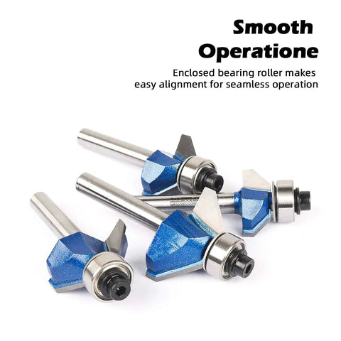 Pro Grade 45 Degree Chamfer Router Bit Set With One Quarter Inch Shank, Cutting Diameters One Quarter, Five Sixteenths, Three Eighths, And Half Inch For Angled Edges, Clean Edges, And Decorative Woodworking