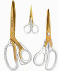 Go-To Everyday Office And Craft Scissors With Titanium Coated Blades And Clear Ergonomic Handles, Durable 3 Pack For Home Desk Or School Projects, Gold Finish For Sharp Clean Cuts. Three gold titanium-coated scissors with clear handles
