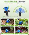 Adjustable dripper emitters of 100 Ft Pressure Compensated Drip Irrigation System With Timer No Leak Quick Connect