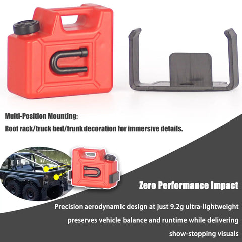 2 Pack Mini RC Fuel Tank Set For 1 To 16 Scale RC Cars And Static Models, red ABS oil can with mount next to vehicle image.