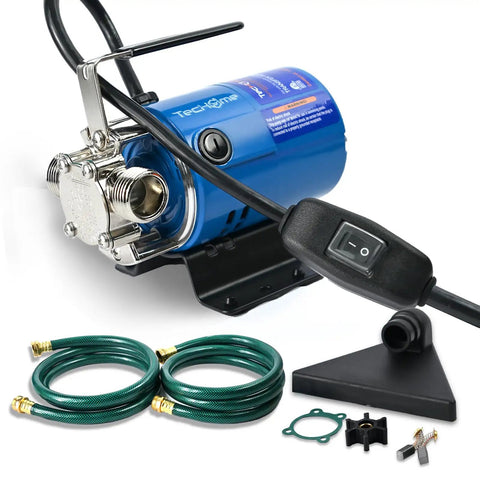 Compact 115V Water Transfer Pump With One Tenth HP Motor, 330 GPH Flow, includes On Off switch, two 6-foot hoses, and accessories
