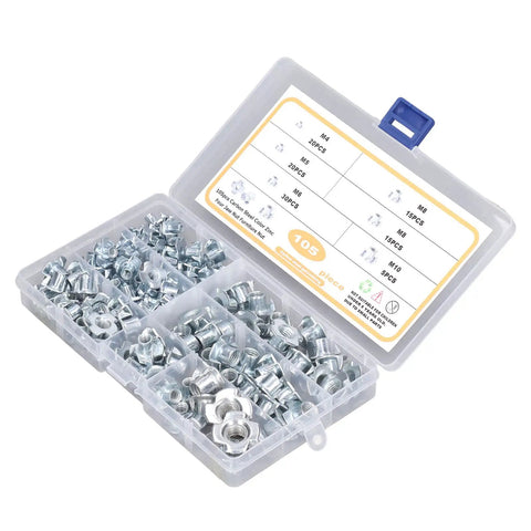 Extensive T Nut Assortment Kit With 105Pcs Galvanized Carbon Steel Tee Nuts M10 Pronged Threaded Inserts in clear box