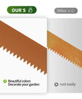 Comparison of steel edging finishes; left shows durable frosted brown coating, right shows rust-prone surface.