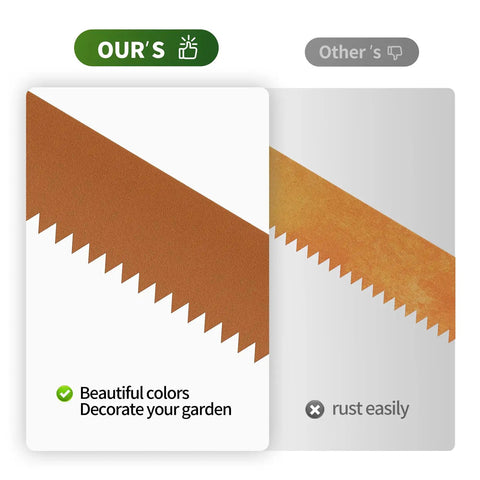 Comparison of steel edging finishes; left shows durable frosted brown coating, right shows rust-prone surface.