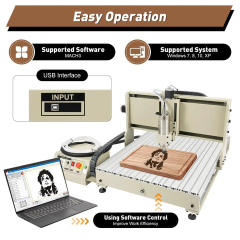 4 Axis CNC Router Kit 6090 with Mach Control and 2.2 kW Water Cooled Spindle USB Powered, engraving a wooden piece