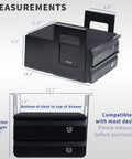 Under Desk Double Stacked Slide Out Drawers With Lock For Secure Home Office Storage Organizer Black Durable Steel Two Drawers, measurement details showing dimensions for compatible under desk mounting.