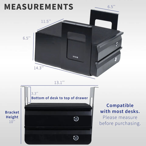 Under Desk Double Stacked Slide Out Drawers With Lock For Secure Home Office Storage Organizer Black Durable Steel Two Drawers, measurement details showing dimensions for compatible under desk mounting.