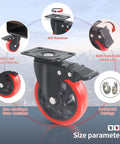 Front view of 5-inch caster wheels with brakes, set of 4, red polyurethane wheels with mounting plate for carts and workbenches