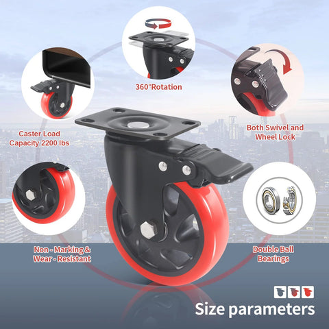 Front view of 5-inch caster wheels with brakes, set of 4, red polyurethane wheels with mounting plate for carts and workbenches