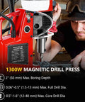 Heavy Duty Magnetic Drill Press 110V With Power Cord showing 1300W motor, magnetic base, and drilling precision for steel work.