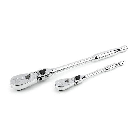 Two Piece Drive 84 Tooth Locking Flex Head Teardrop Ratchet Set For Tight Spots With 9 Locked Angles And Enclosed Head Bright Chrome Finish