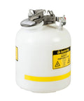 Heavy Duty Polyethylene Safety Disposal Can With Quick Disconnect Valve Vapor And Flame Resistant Shielding Twelve Inch Diameter By Twenty Inch Height, white container with stainless steel valve.