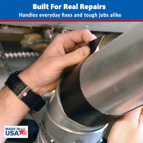 Black Butyl Waterproof Repair Tape For Roof Patches And Leaks being applied to metal duct joint