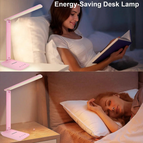 Woman reading with Deep Black First-Generation LED Desk Lamp With USB Port, Dimmable Table Light on bedside table