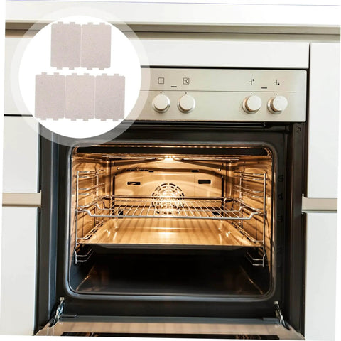 Five Pack Heat Resistant Mica Sheets For Microwave Ovens Replacement Insulation Plates shown with kitchen oven