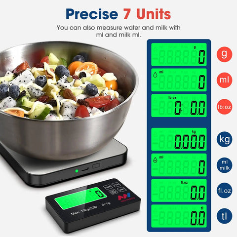 Digital Kitchen Scale With 22 Lb Capacity, 1g/0.1oz Precision, Tare Function, stainless steel with remote LCD display showing 7 units.