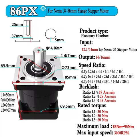Heavy Duty Planetary Reducer For Nema 23 34 42 Stepper Worm Gear with input/output specs and dimensions for precise control