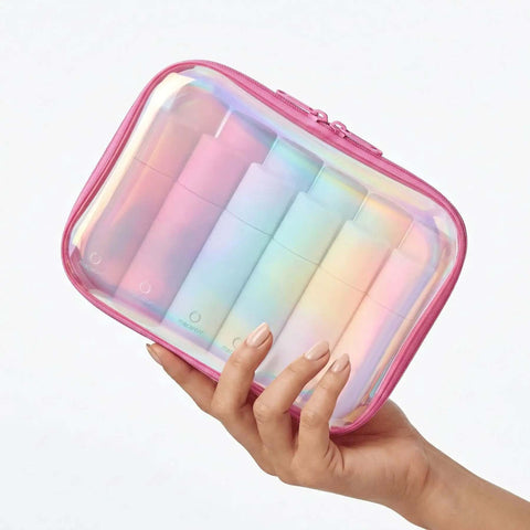 Hella Durable Clear Hard Shell Travel Organizer Cases With Smooth Zipper Closure Kickass Iridescent Coating holding multiple toiletries.
